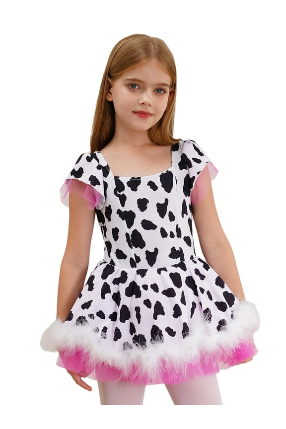 Big Girls Princess Cow Printed Dance Dress School Party Ballet Dancewear BlacK White 10