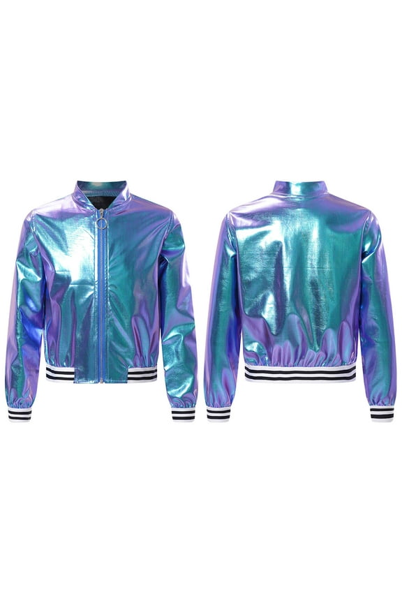 Girl's PU Leather Long Sleeve Zip-Up Bomber Jacket Coat Jazz Hip Hop Street Dance Festival Colorful 6