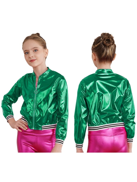 Girl's PU Leather Long Sleeve Zip-Up Bomber Jacket Coat Jazz Hip Hop Street Dance Festival Green 6
