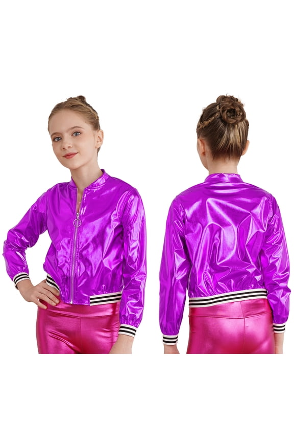 Girl's PU Leather Long Sleeve Zip-Up Bomber Jacket Coat Jazz Hip Hop Street Dance Festival Purple 6