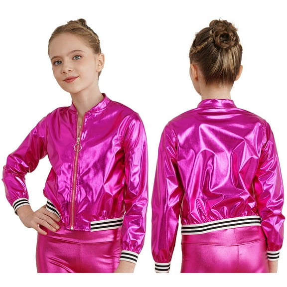 Ocealan Girl's PU Leather Long Sleeve Zip-Up Bomber Jacket Coat Jazz Hip Hop Street Dance Festival Rose 8