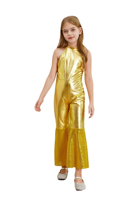 Girls 70s Flapper Disco Dance Jumpsuits Shiny Halter Backless Bell Bottom Overalls Gold 12