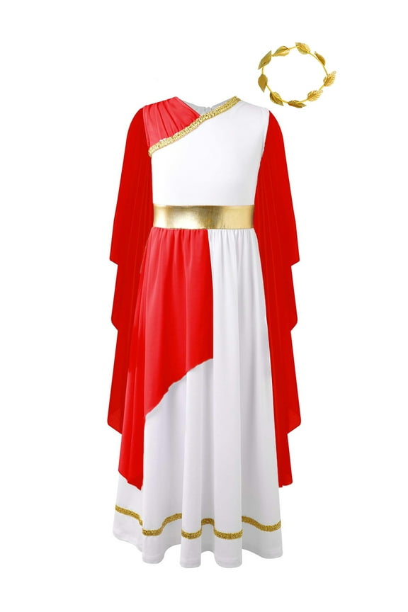 Girls Athenian Queen Suits Ruffles Back Greek Toga Maxi Dance Dress Red 8