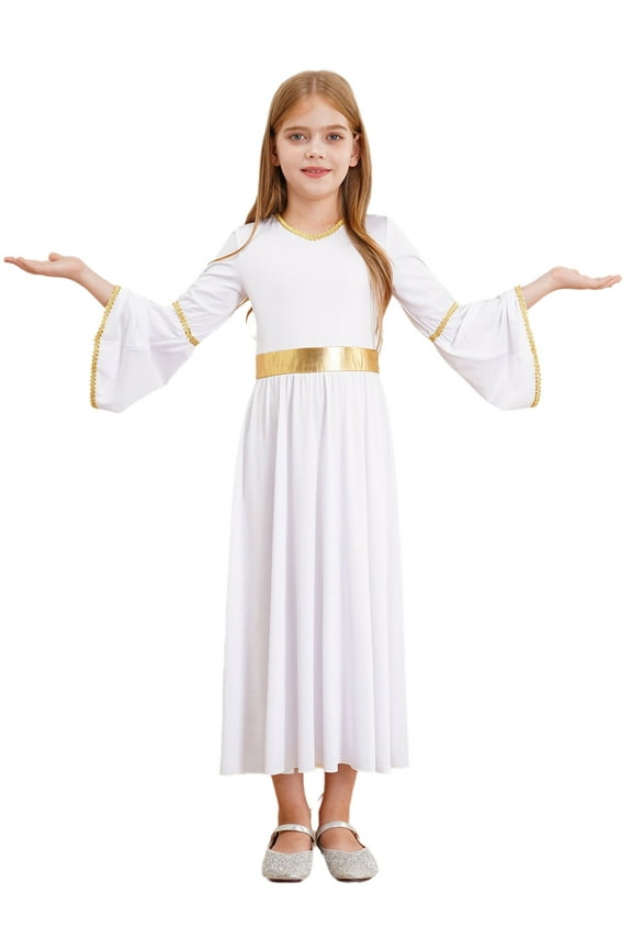 Girls Guardian Angel Dress Bell Long Sleeve Gold Trim Maxi Gown for Praise White 10