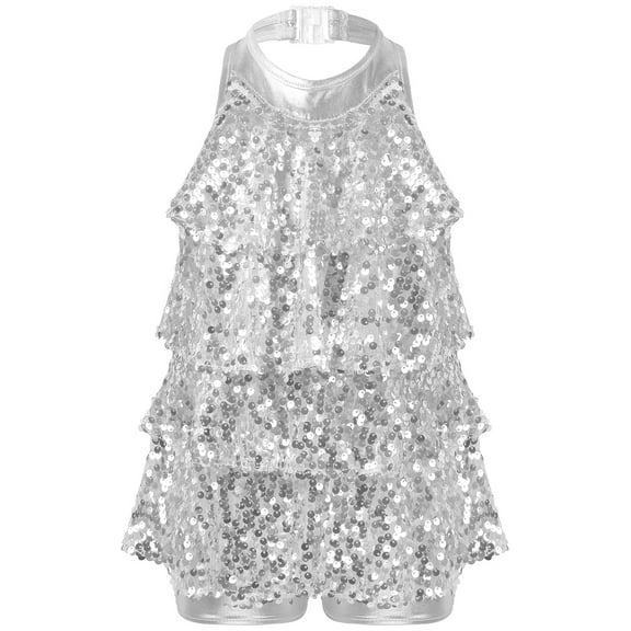 Ocealan Girls Modern Jazz Hiphop Dance Costume Sequins Halter Ruffles Leotard Dress Silver 4