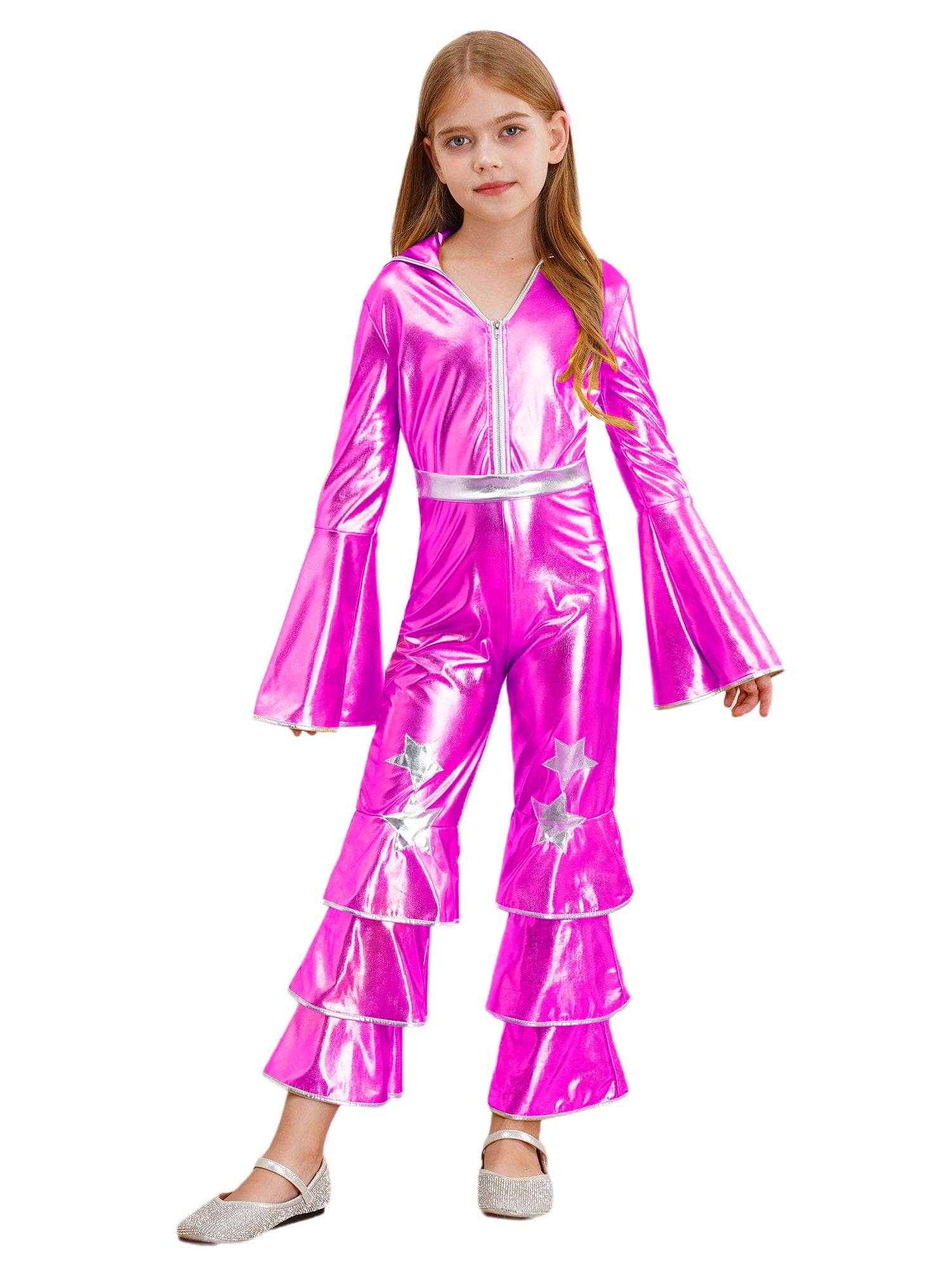 Ocealan Girls Retro Disco Dance Jumpsuits Metallic Rock Star Babydoll One Piece Bodysuit Hot Pink 14