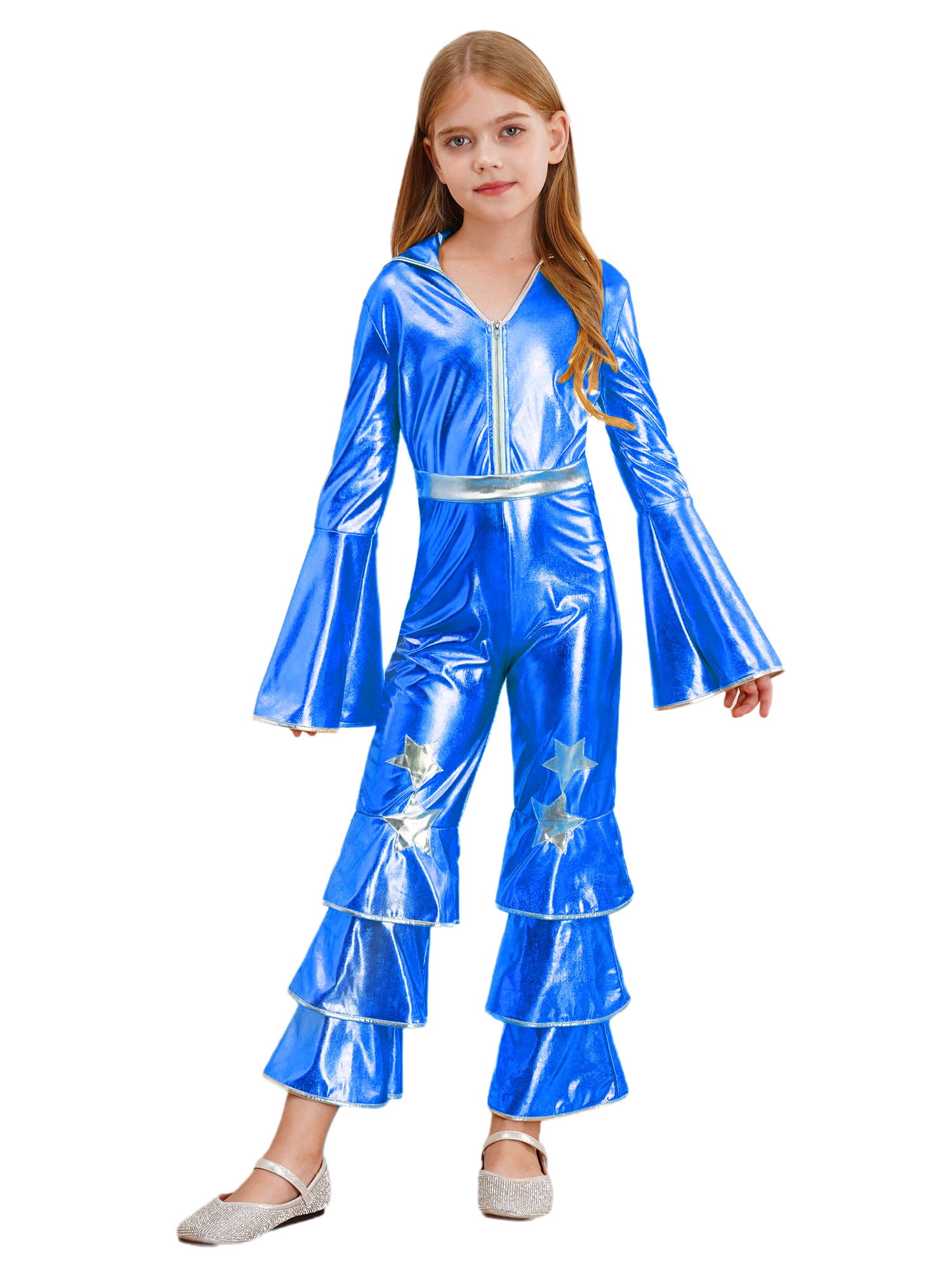 Ocealan Girls Retro Disco Dance Jumpsuits Metallic Rock Star Babydoll One Piece Bodysuit Royal Blue 16