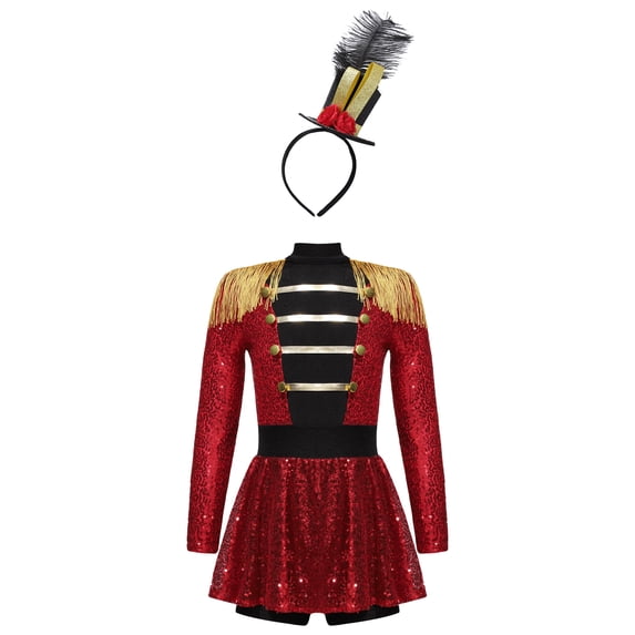 Ocealan Girls Ringmaster Dance Jumpsuits Sequins Long Sleeve Tassel Jumpsuits Red-B 6