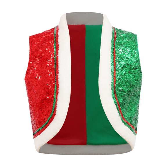 Ocealan Kids Boys Girls Christmas Elf Warm Vest Sleeveless Open Front Waistcoat Sequins Top Red&Green 12