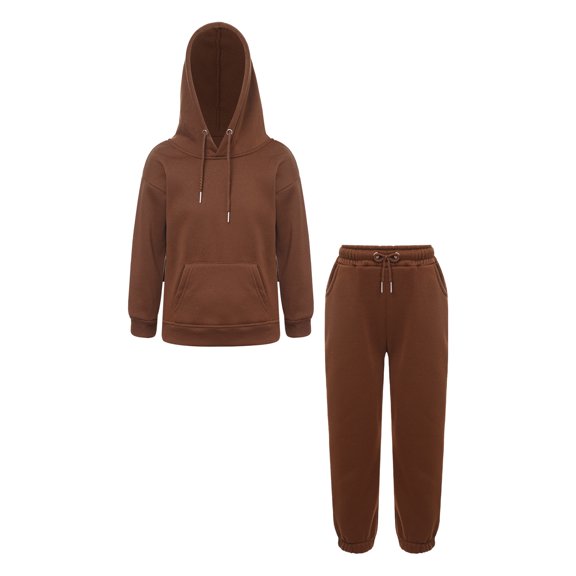 Ocealan Kids Boys Long Sleeve Hoodie Sweatshirt Athletic Pants Active Sweatsuit Set Solid Color Coffee 150