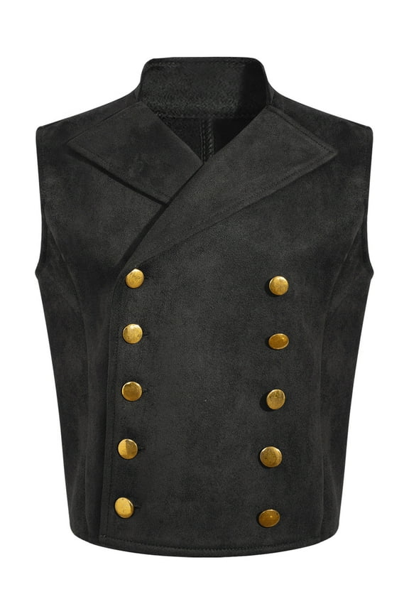 Kids Boys Sleeveless Medieval Waistcoat Double Breasted Pirates Vest Dresscoat Black 6