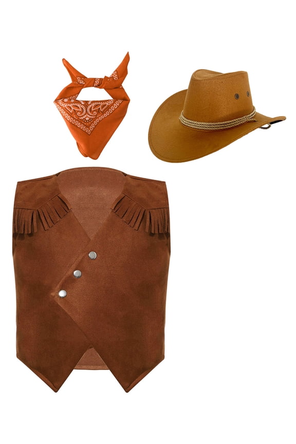 Kids Cowgirls Cowboys Western Outfit Tassel Waistcoat with Hat Bandana Orange 14