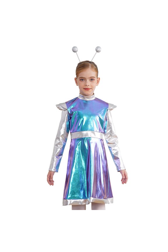Kids Girls 2Pcs Alien Outer Space Dance Sets Metallic Long Sleeve A Line Dress Headband Blue 16