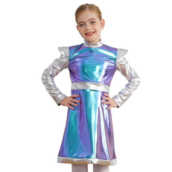 Ocealan Kids Girls 2Pcs Alien Outer Space Dance Sets Metallic Long Sleeve A Line Dress Headband Blue-A 14