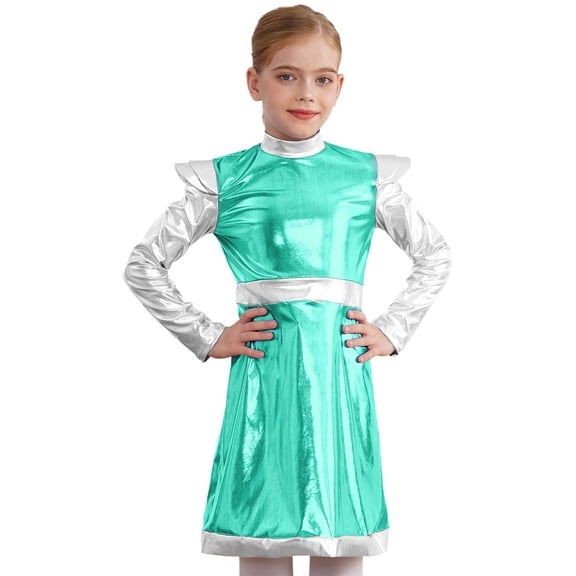 Ocealan Kids Girls 2Pcs Alien Outer Space Dance Sets Metallic Long Sleeve A Line Dress Headband Mint Green-A 16