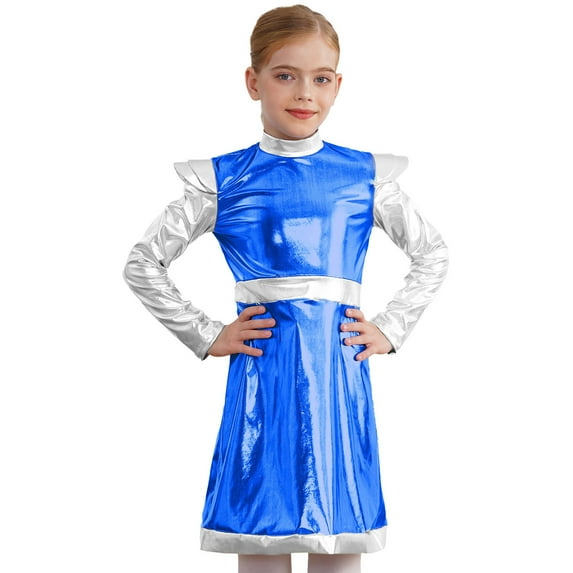 Ocealan Kids Girls 2Pcs Alien Outer Space Dance Sets Metallic Long Sleeve A Line Dress Headband Royal Blue-A 10