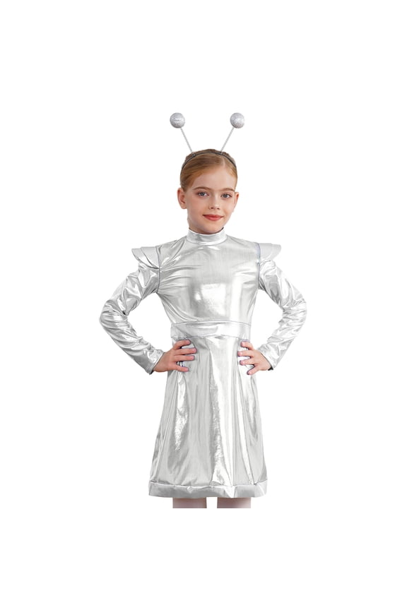 Kids Girls 2Pcs Alien Outer Space Dance Sets Metallic Long Sleeve A Line Dress Headband Silver 8