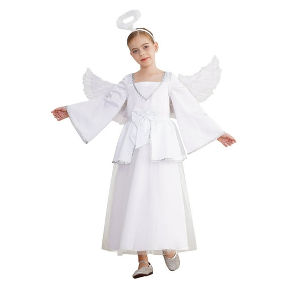 Ocealan Kids Girls Angel Paradise Outfits Pure White Long Sleeve Peplum Maxi Dress with Wings Set White 4