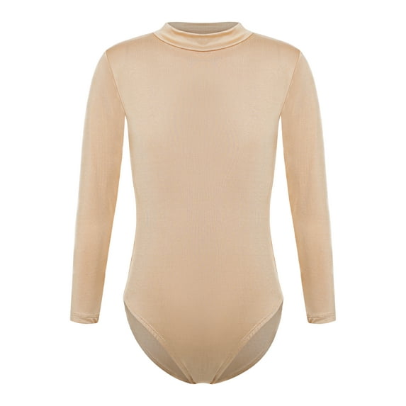Ocealan Kids Girls Ballet Dance Gymnastics Leotards Nude Long Sleeve Undergarment Dancewear Costume Mock Neck 140