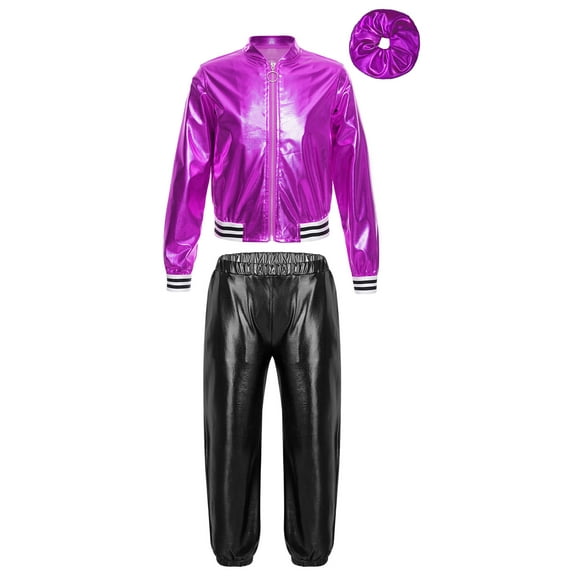 Ocealan Kids Girls Boy Hip Hop Street Dance Clothes Costume Shiny Metallic Bomber Jacket with High Purple&Black 10