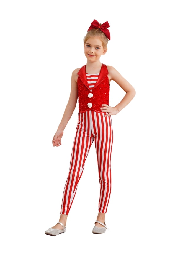 Kids Girls Christmas Candy Cane Jumpsuits Sequins Stripes Dance Unitard for Stage Performance Red 10