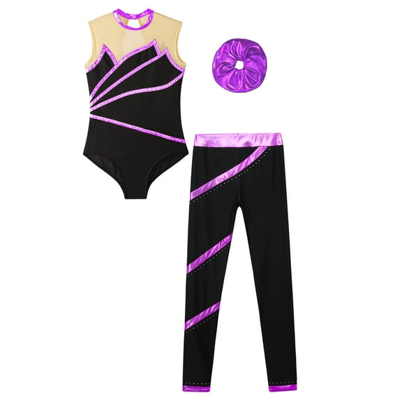 Ocealan Kids Girls Gymnastic Yoga Ballet Dance Suit Ice Skating Bodysuit Set Metallic Leotard with Purple 8