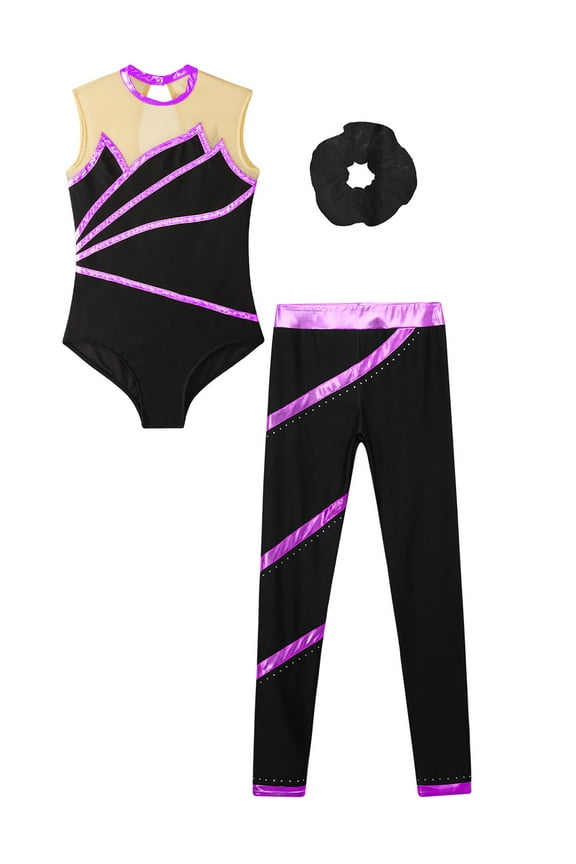Kids Girls Gymnastic Yoga Ballet Dance Suit Ice Skating Bodysuit Set Metallic Leotard with Purple&Black 8