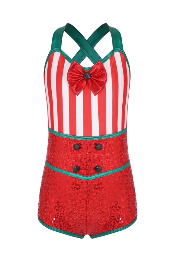 Kids Girls Holiday Xmas Dance Romper Sequins X Back Boyleg Jumpsuits Red 6