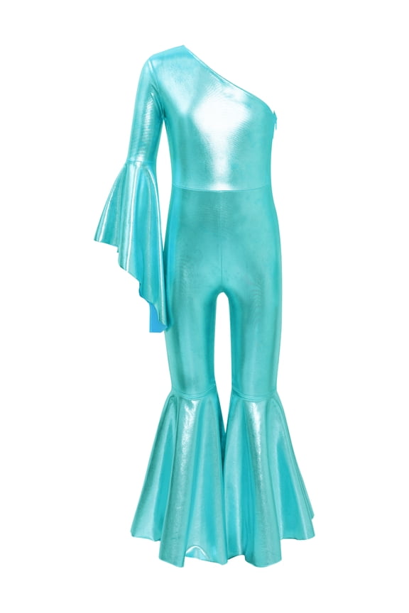 Kids Girls Jazz Dance Performance Costumes One Shoulder Sleeve Jumpsuit Pageant Prom Gown Blue Green 8