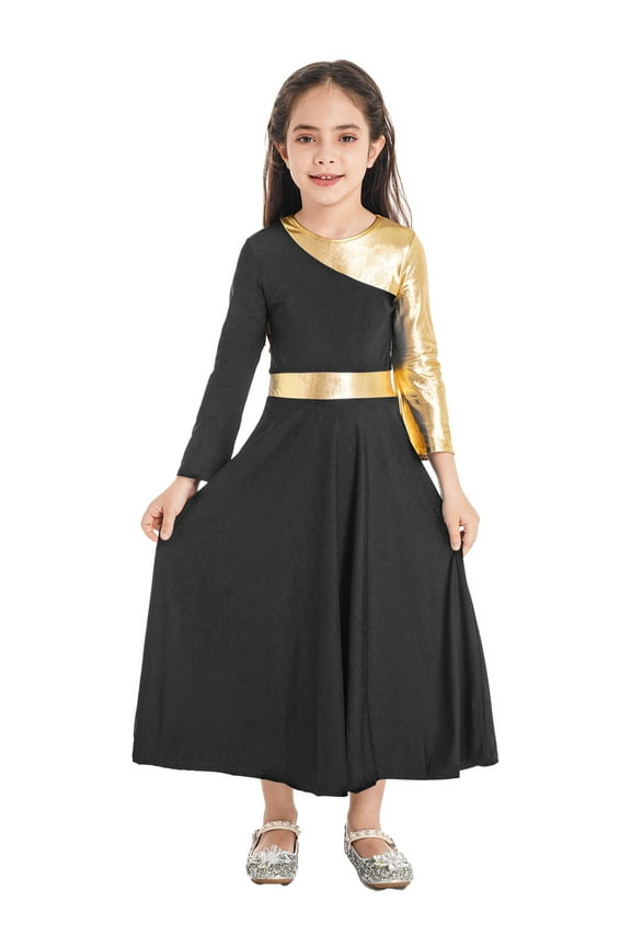 Kids Girls Long Sleeve Metallic Gold Praise Dance Dress Full Length Liturgical Worship Black 12