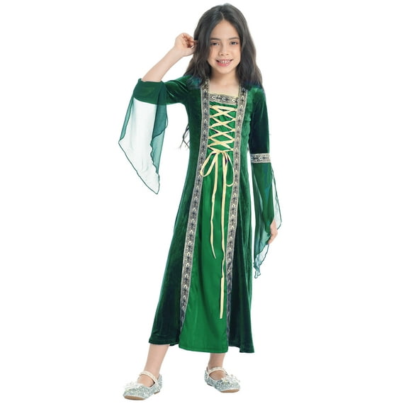 Ocealan Kids Girls Medieval Princess Dress Renaissance Vampire Velvet Maxi Gown Green 14