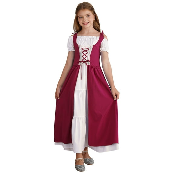 Ocealan Kids Girls Renaissance Gown Medieval Princess Short Sleeve Lace Up Maxi Dress Burgundy 10