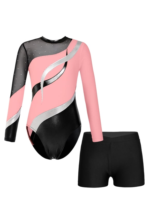 Kids Girls Rhinestone Long Sleeve Dance Gymnastic Leotard with Athletic Short Skating Competition Costume Pink 8