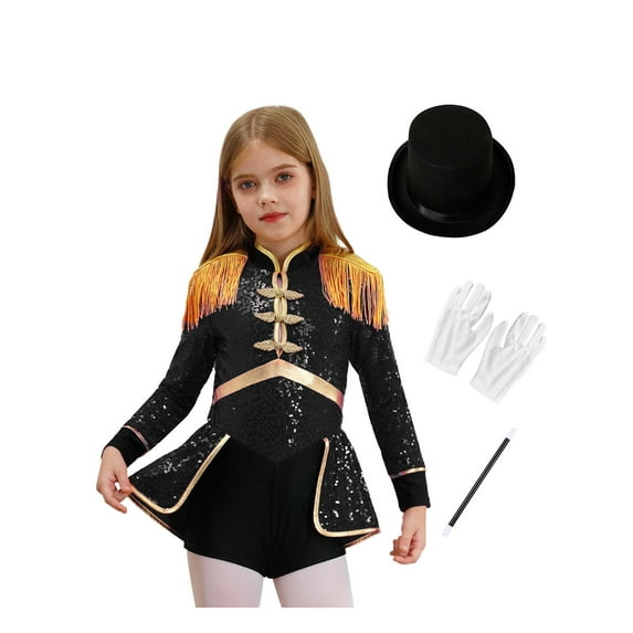 Ocealan Kids Girls Ringmaster Dance Dress with Drummer Hat Sequins Tailcoat Leotard Black-C 10