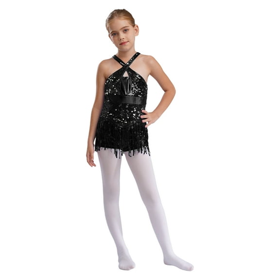 Ocealan Kids Girls Sequins Latin Salsa Ballet Dance Dress Crisscross Back Jazz Fringe Tassel Performance Costume Black 10