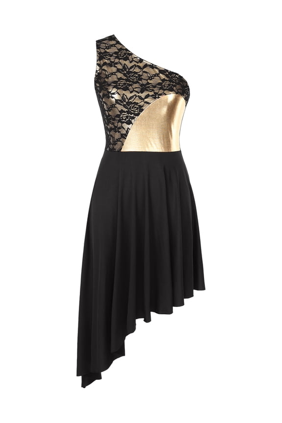 Liturgical Dancewear for Women Single Shoulder Gold Metallic Praise Dance Dress Lyrical Dance Black XXL