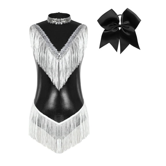 Ocealan Women Metallic Latin Dance Leotard Fringe Cheerleading Uniform Outfits With Headwear Black M