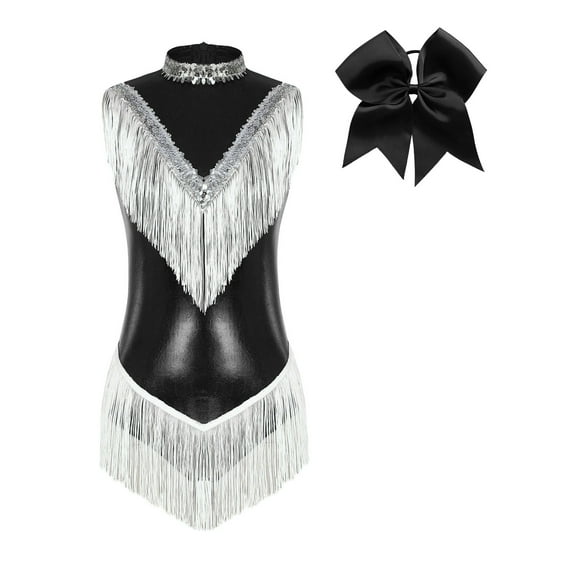 Ocealan Women Metallic Latin Dance Leotard Fringe Cheerleading Uniform Outfits With Headwear Black XL