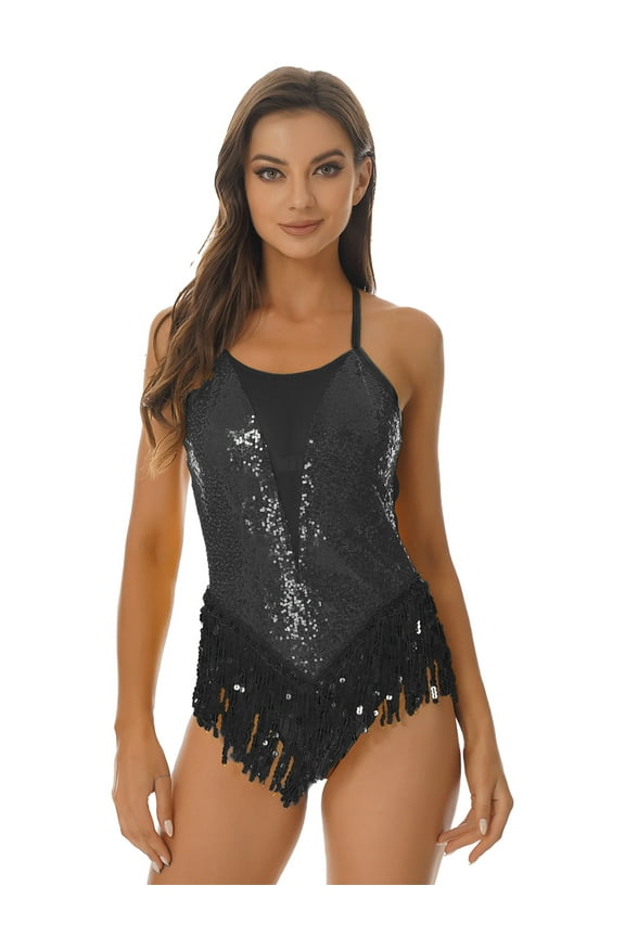 Women Sparkly Sequins Tassels Leotard Cross Back Bodysuit Latin Dance Performance Costume Black L