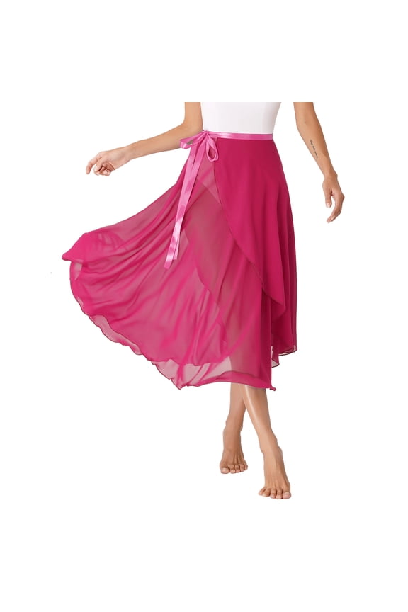 Women's Girls Ballet Wrap Skirt Adjustable Waist Tie Chiffon Dance Skirts Gymnastics Ballet Hot Pink One Size