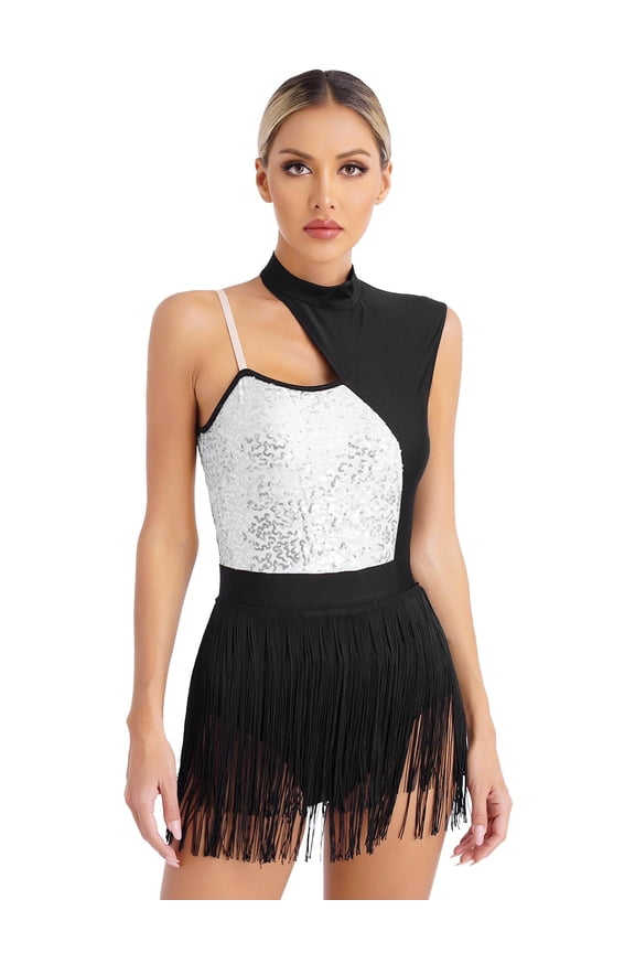 Women's Glitter Sequin Sleeveless Latin Dance Dress Tango Jazz Ballroom Dance Fringe Leotard Silver XXL