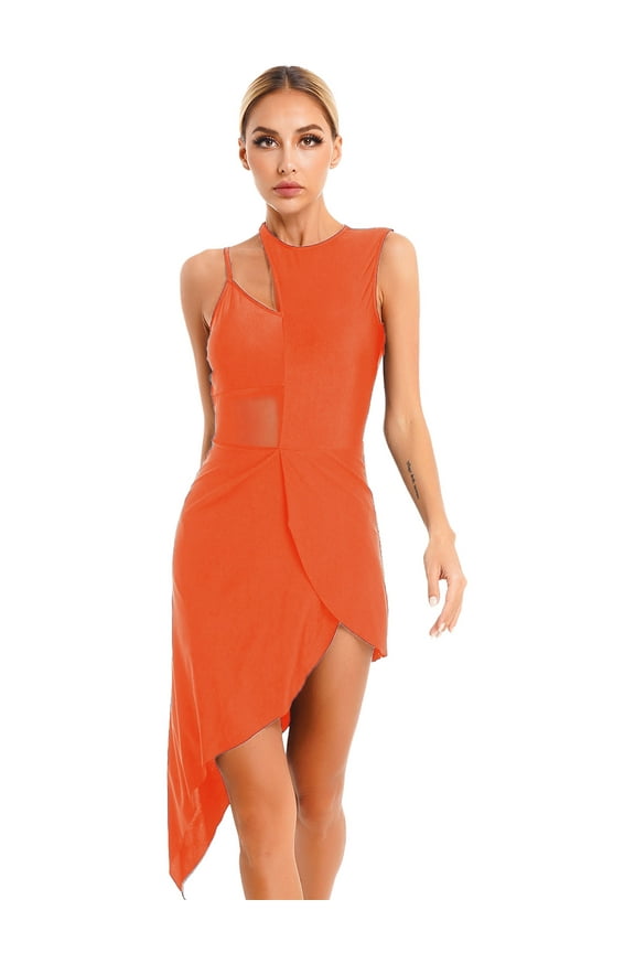 Women's Lyrical Dance Costume Asymmetrical Hem Ballroom Tango Salsa Latin Dance Dress Orange M
