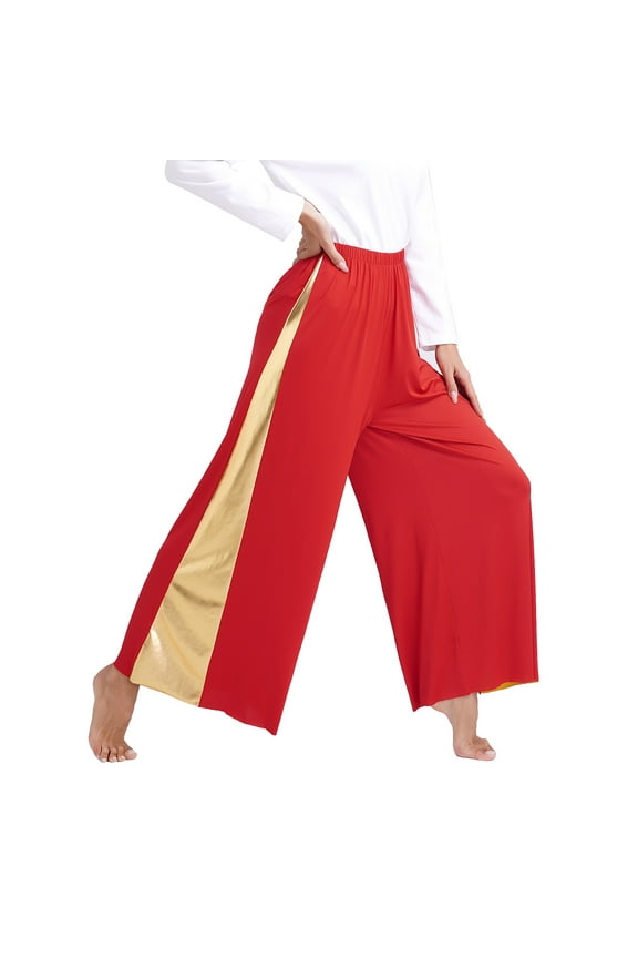 Women's Metallic Praise Dance Pants Costume Wide-leg Worship Liturgical Dancewear Prom Party Red S