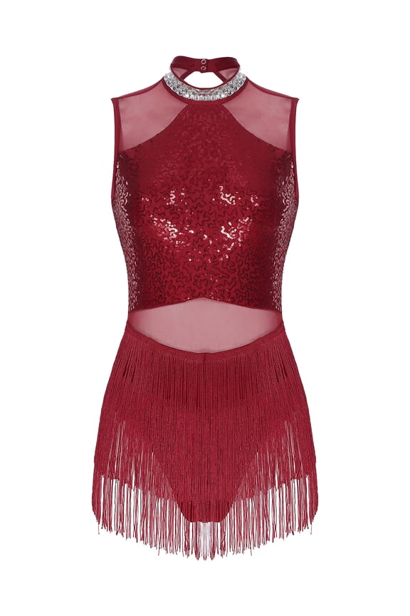 Women's Shiny Latin Dance Dress Fringe Salsa Cha-Cha Rumba Ballroom Costume Cocktail Belly Burgundy S