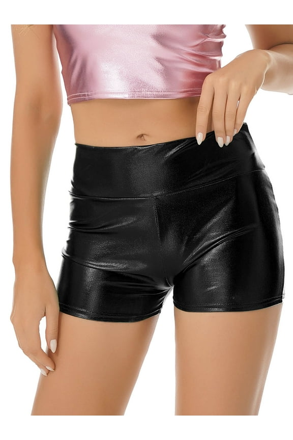 Women's Shiny Metallic Shorts High Waist Rave Festival Disco Booty Dance Bottoms Hot Pants Black M