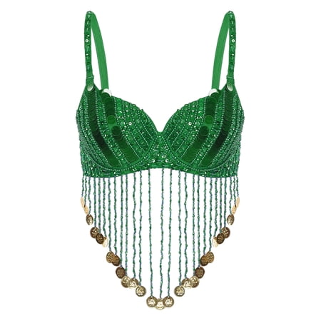 Ocealan Women's Sparkly Sequins Beading Tassels Underwired Bra Rave Belly Dance Crop Tops Costume Green One Size