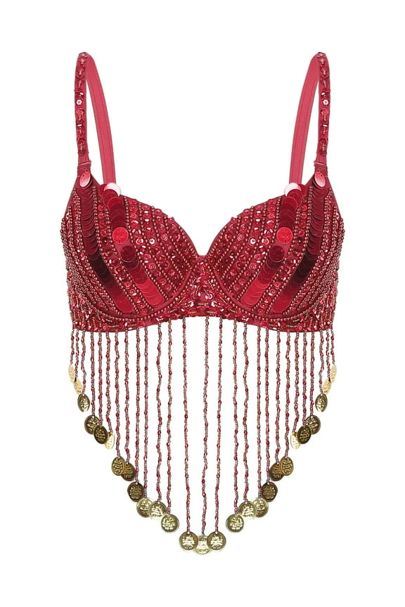 Women's Sparkly Sequins Beading Tassels Underwired Bra Rave Belly Dance Crop Tops Costume Red One Size