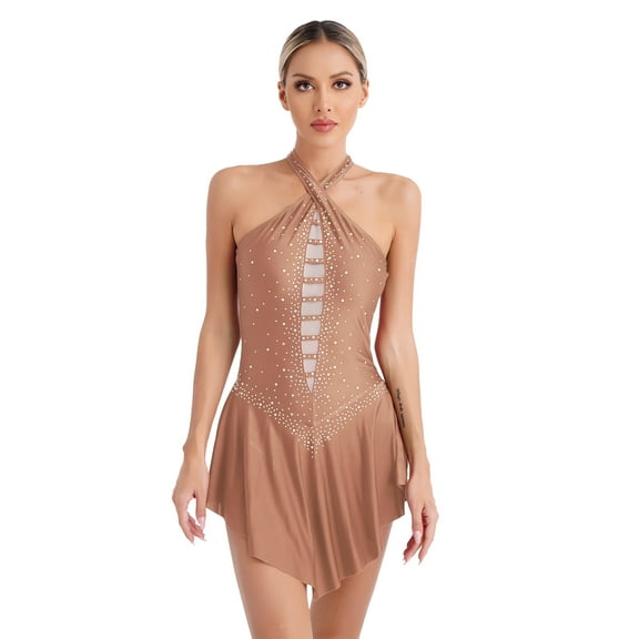 Ocealan Womens Adult Lyrical Dance Dress Sparkly Backless Ballet Leotards Modern Contemporary Dusty Pink M