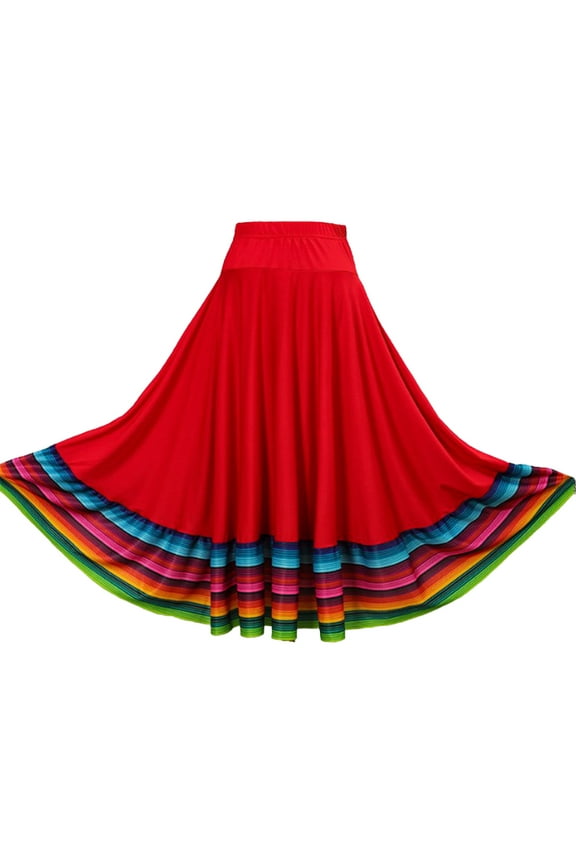Womens Boho Coloured Stripe Hem Maxi Skirt Belly Dance Folk Skirts Red 75cm XXL