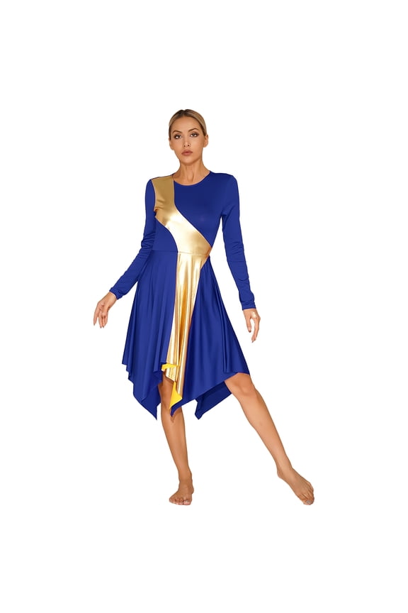 Womens Color Patchwork Liturgical Praise Dance Worship Dress Asymmetrical Hem Long Sleeve Blue S